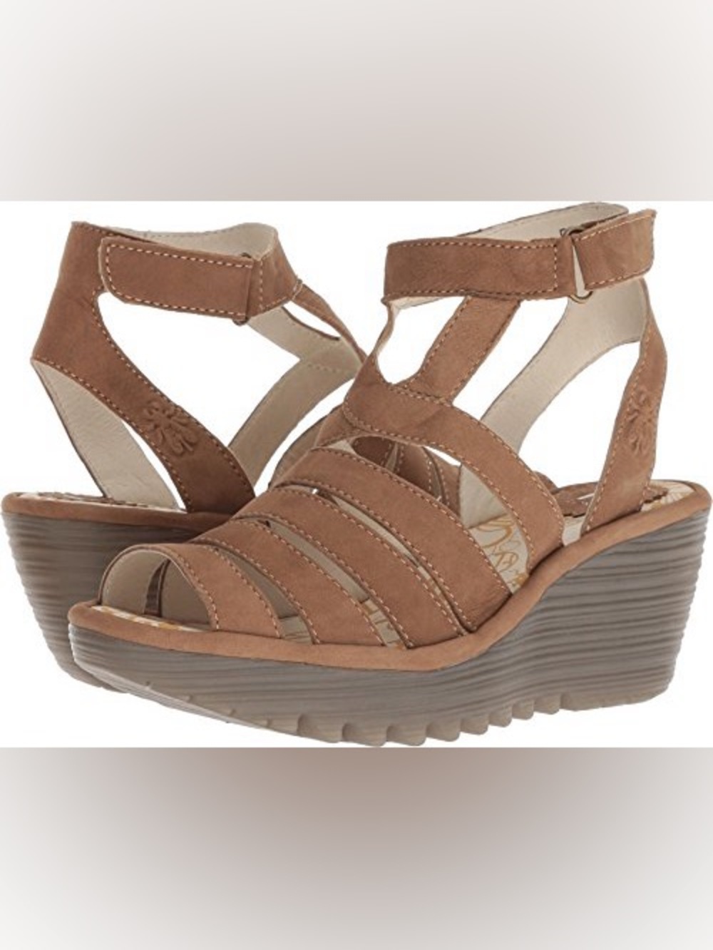 Fly London Yeba 895 Leather Wedge Sandal Brown Sand Size 39 EU 8-8.5 US bohemian